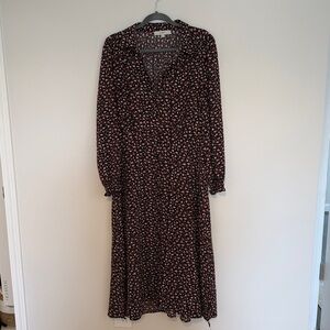 LOFT Black and Pink Floral Smocked Midi Shirtdress